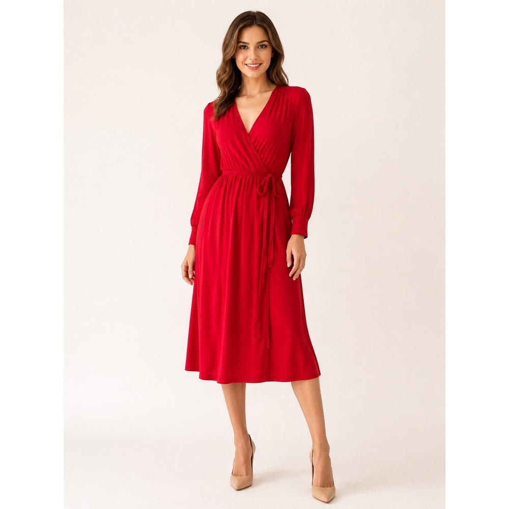 Uniqlo Red Long Sleeve Rayon Wrap Midi Dress Size S Minimalist Office Siren